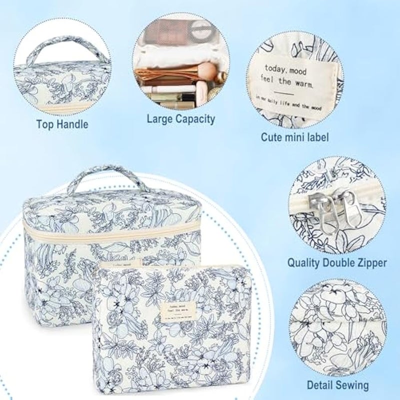 2Pcs Cotton Quilted Makeup Bag for Women Girls Floral Travel Large Small Cosmetic Bag Set Cute Vintage Flower Makeup Pouch Portable Toiletry Bag Organizer Coquette Aesthetic Makeup Brush Bag - Image 2